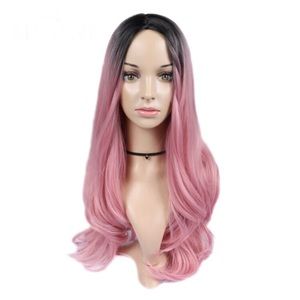 Black to Pink Ombré Synthetic Wavy Hair Wig 24”